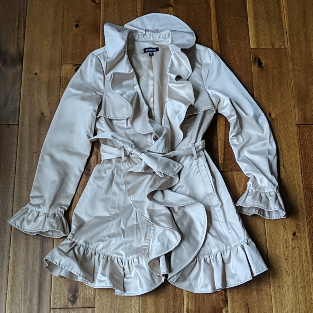 Bebe satin ruffle trench coat/dress size XS